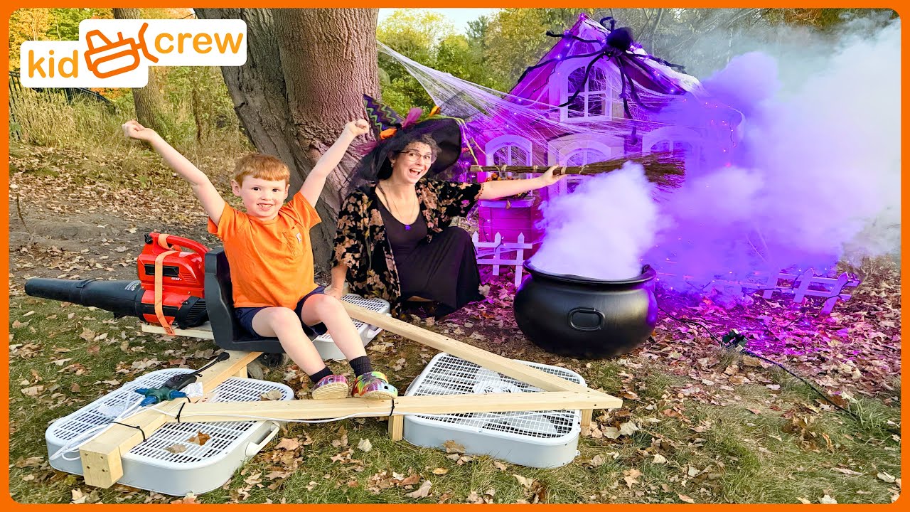 Building kids ride on hovercraft to help a friendly witch on Halloween. Educational | Kid Crew