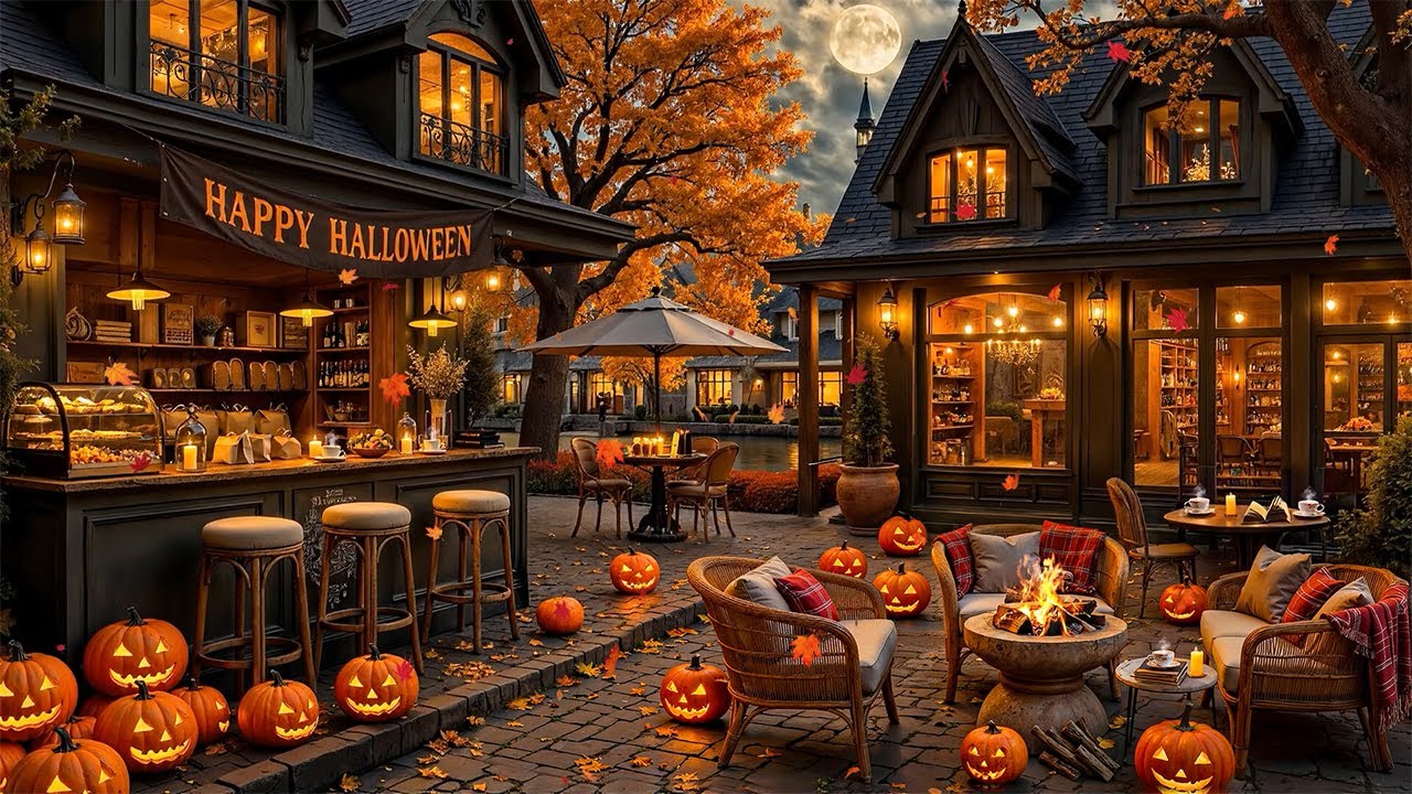 Haunted Halloween Ambience 🎃 Spooky Halloween Jazz Music & Fireplace Sound in Fall Night Coffee Shop