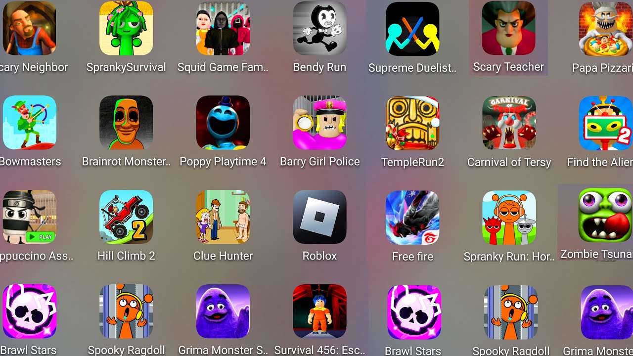 Roblox,Poppy Playtime 4,Scary Teacher 3D,Squid Game Family,Carnival of Terror,Stumble Guys,GTA VC...
