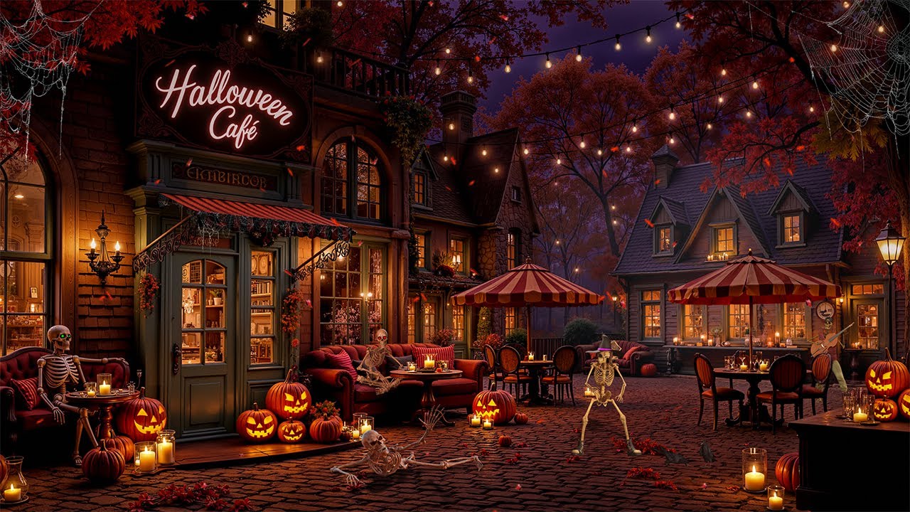 ☕🎃Spooky Coffeehouse Halloween Ambience with Best Relaxing Halloween Jazz 2025, Night Nature Sounds