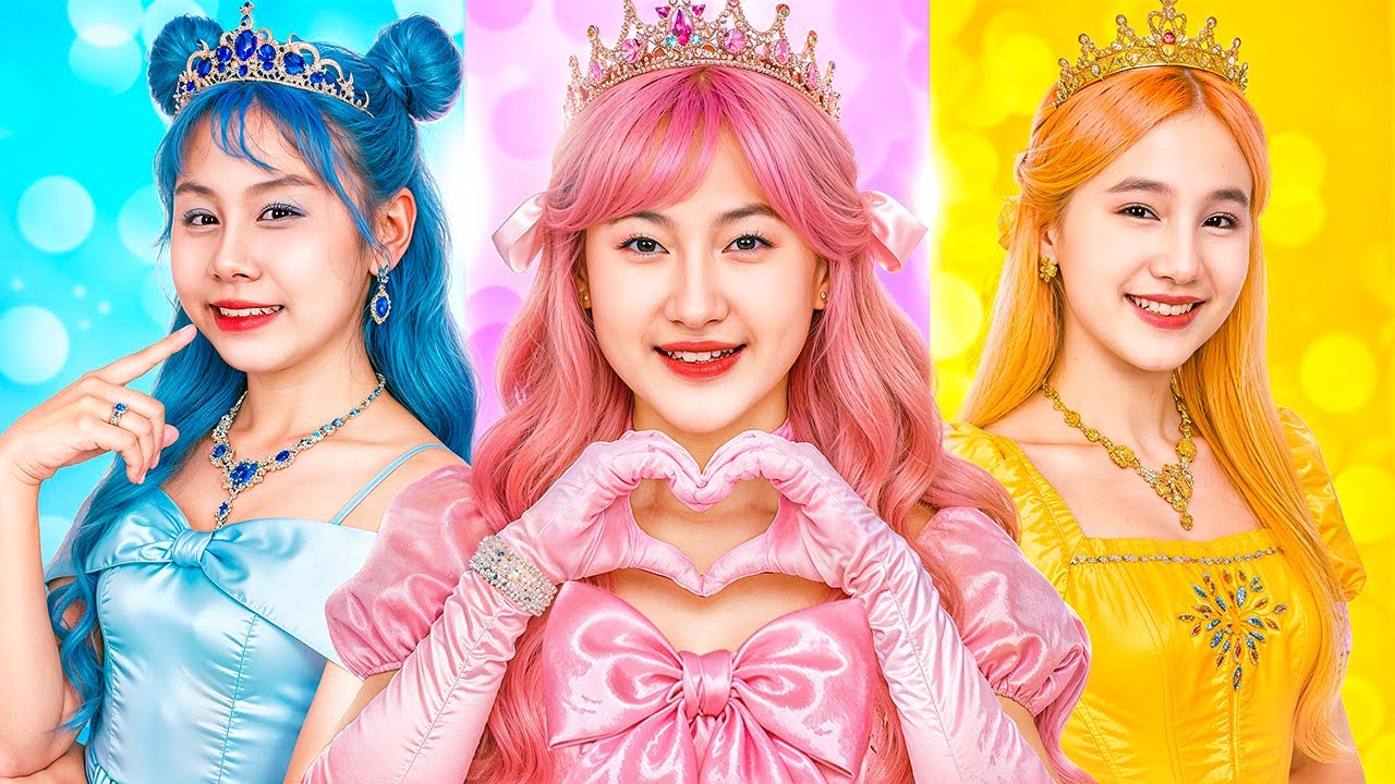 Pink vs Yellow vs Blue Princess At The Ball! Thief Pretends To Be Prince