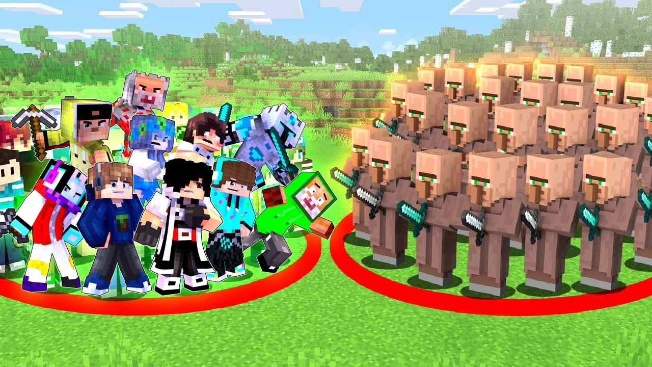 1,000 VILLAGER VS 100 YOUTUBER MINECRAFT BERJUANG DI SURVIVAL LINGKARAN HARDCORE LEVEL 999 !