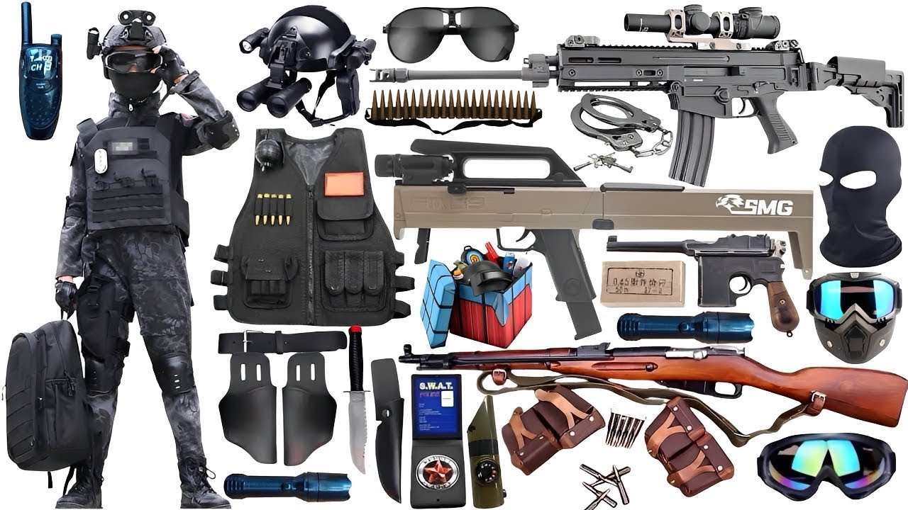 Special police weapon toy set unboxing,FMG9 folding submachine gun,Colt M1991 pistol,AK47 rifle,bomb