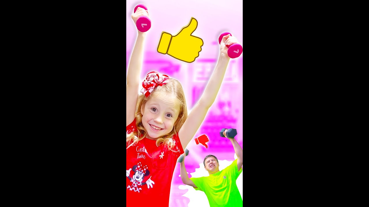 Nastya and dad do sport exercise. shorts