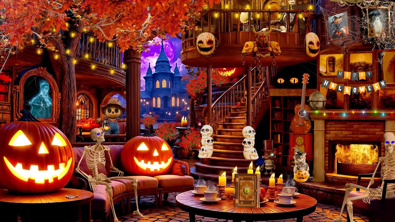 Halloween Jazz Music 🍁 Autumn Coffee Halloween Ambience & Fireplace Sounds